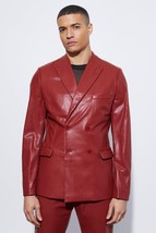 Double Breasted Red Leather Blazer Men Pure Lambskin 2 Button Size S M L... - $147.77