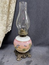 Kerosene Oil Lamp Milk Glass Font Flowers Screw On Metal Base 16” Tall - £30.37 GBP