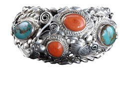 Joe Paul Navajo Sterling Royston Turquoise and Coral Cuff Bracelet - £867.93 GBP