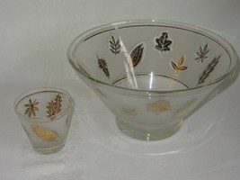 Retro Frosted Glass Gold Leaves Serving Bowl G Reeves Vtg Libbey &amp; Lowball Glass - £17.11 GBP