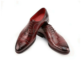 Handmade Men&#39;s Leather Oxfords Maroon Medallion Cap Toe Premium Shoes-696 - £174.02 GBP