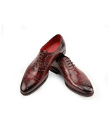 Handmade Men&#39;s Leather Oxfords Maroon Medallion Cap Toe Premium Shoes-696 - £171.64 GBP