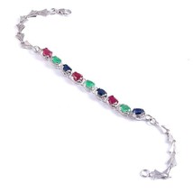 Silver Multi stone Bracelet Natural Emerald, Sapphire, Ruby 6 Ct Bracele... - $120.58
