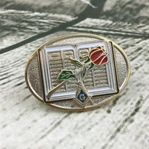 Vintage Rose Over Open Book Oval Brooch Pin Lapel Pinback Collectible - $9.89