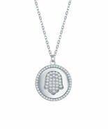 Sterling Silver Hamsa Hand Pave Clear CZ Bordered Disc Pendant Necklace - $77.90 CAD