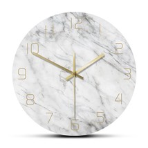 Quartz Analog Quiet Marble Wall Clock 3D Chic White Marble Print Modern Round Wa - £31.54 GBP