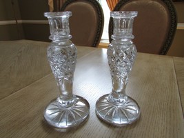 Vtg Lead Crystal Pair Of Candlestick Holders 8 Pointed Star Diamond Block 8.5&quot;H - £10.08 GBP
