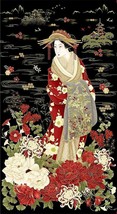 23.5&quot; X 44&quot; Panel Geisha Woman Asian Kyoto Garden Black Cotton Fabric D468.52 - £7.67 GBP