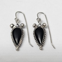 Unmarked 925 Sterling Silver Vintage Bezel Set Black Agate Drop Dangle E... - £19.94 GBP