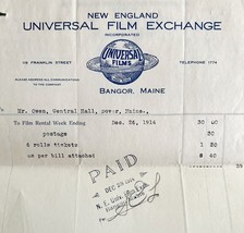 Universal Films Exchange 1914 WW2 Era Invoice Center Theater Maine DWEE3... - €34,24 EUR