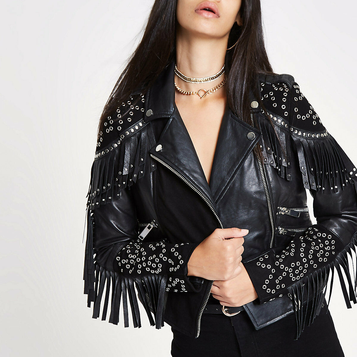 Women's Black Color Fringed Genuine Leather Silver Studded Long Sleeves Jacket