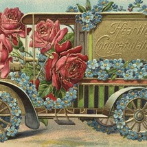 Truck Roses 1910 Vintage Postcard  Antique Embossed Automobile Congratul... - $12.00