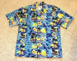 Tropical Camp Shirt Mens Size L Blue Ky&#39;s Hawaiian Palms Boats Ocean Sunset - £15.53 GBP