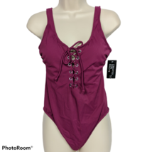 NWT California Waves Lace Up One Piece Swimsuit Size Medium Purple Ribbed - $14.82