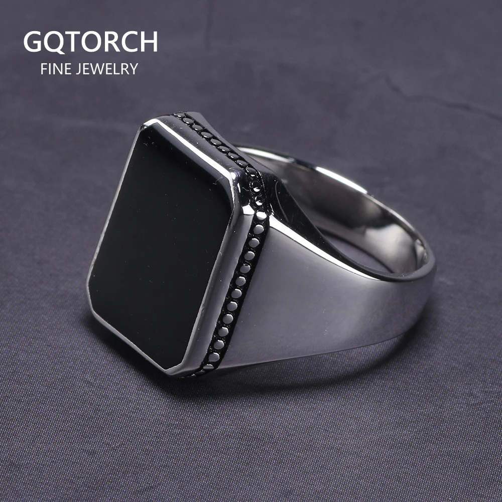 Real Solid 925 Sterling Silver Ring Simple For Men With Black Square Flat Gel St - £39.35 GBP