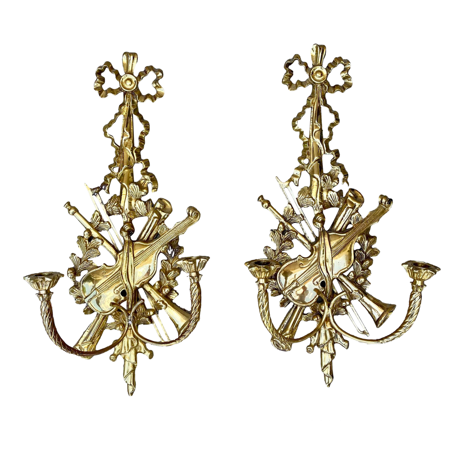 Hollywood Regency Solid Brass Candle Sconces, Violin Music Theme-A Pair - $650.00