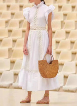 Women&#39;s Vintage Ruffled High-neck Crochet Trimmed Maxi Tiered Dress in White AUS - £60.93 GBP