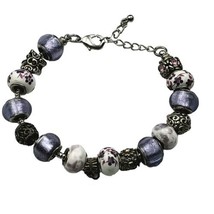 Silver Snake Chain Barrel Bracelet With Purple Colored &amp; Silvertone Bead Charms - £6.05 GBP