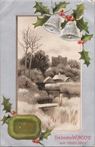 ZAYIX Best Wishes New Year 1908 Embossed Castle, Holly &amp; Bells Winter Austria - £11.99 GBP