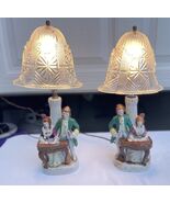 Beautiful Pair “Japan”Old Lamp Colonial Couple-Piano-Gold Trim W/Origina... - $222.74