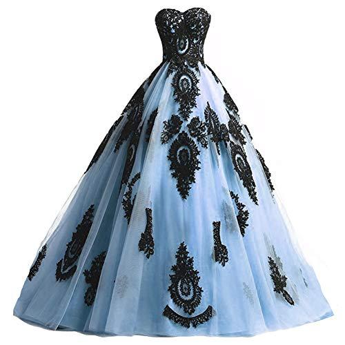 Custom Made Long Ball Gown Black Lace Gothic Formal Evening Prom Dress Sky Blue