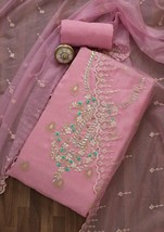 salwar kameez unstiched suit fabric with dupatta Onion Pink Sequins Raw Silk - £52.68 GBP