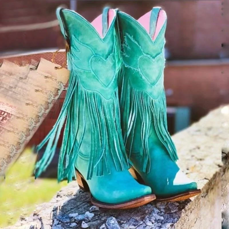 2023 New boy Boots Shoes For Women Tel  Heels Pointed Toe Green Red Western Boot - £114.91 GBP