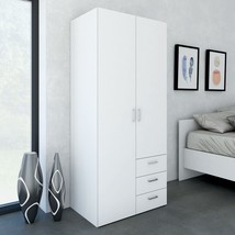 Modern Wooden White 2 Door Wardrobe With 3 Drawers Hanging Clothes Rail Shelves - £216.40 GBP