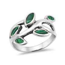 Olive Branch Leaves Wrap Green Malachite Leaves Sterling Silver Ring-7 - £14.94 GBP