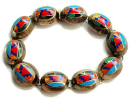 7&quot; Tribal Blue Turquoise Red Coral Green Vintage Bracelet Sterling Silve... - £177.63 GBP