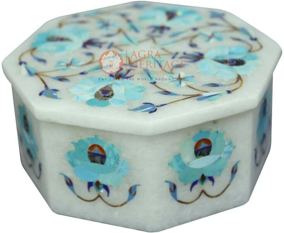 4"x4"x2" Personalize Box Turquoise Inlaid Marquetry Floral Art Christmas Gift Item image 2