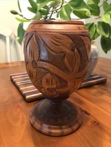 Hand Carved Wooden Floral Pedestal Jar Urn Container Hawaiian 9” Tall Brown - £24.87 GBP