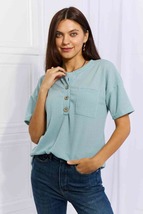 Heimish Made For You Full Size 1/4 Button Down Waffle Top in Blue - £24.71 GBP