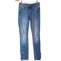 Zara Basic Womens 2 Z1975 Low Rise Jeans Med Skinny Distress Punk Stud Bar Blue - £6.28 GBP
