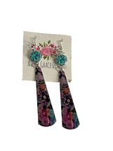 Averee Grace Designs Long Dangle Earrings Painted Metal Flowers Floral Pink Blue - £9.39 GBP