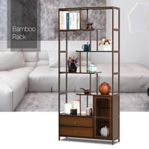 32&quot;Dark Brown Bamboo[Dual Drawer+Slat Door Cabinet]Etagere Bookcase Disp... - £129.74 GBP