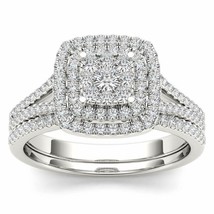 14K White Gold Over 1.00 Ct Round Cut Simulated Diamond Halo Engagement Ring Set - £125.51 GBP