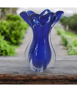 Pooled Art Glass Vase Cobalt Blue &amp; Clear Ribbed Hand Made in Czech Repu... - £71.45 GBP