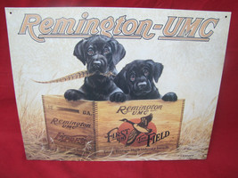 Remington UMC Finders Keepers Black Labrador Puppies Tin Metal Sign Made In USA - $24.74