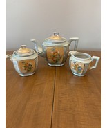 Vintage Teapot Creamer &amp; Sugar Ceramic Lusterware Hand Painted Grey/Peac... - $67.82 CAD