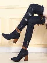 new Womens Denim Boots Over The Knee Pointed Toe Thick High Heels Shoes Woman Ca - £41.95 GBP