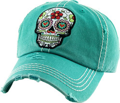 Day of the Dead Floral Sugar Skull Vintage Teal Adjustable Women&#39;s Baseball Hat - £16.66 GBP