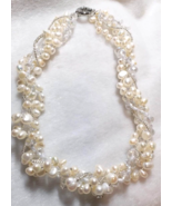 Handmade white fresh water pearls necklace with crystals  X&#39;mas Birthday... - $108.00