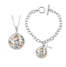 It is Well With My Soul Necklace &amp; Bracelet Set Floral Circle Disc Pendant - £15.68 GBP
