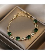 18K Gold Plated Green Crystal Emerald Charm Bracelet for Women - £10.93 GBP