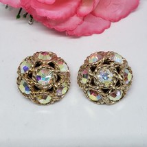Vintage Sarah Coventry Round AB Rhinestone Gold Tone Clip On Costume Earrings - £15.58 GBP