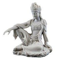 KWAN YIN STATUE 7.25&quot; Royal Ease Buddhist Goddess White Marble Finish Re... - $59.95
