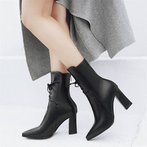 Winter Women Mid-calf Boots High Chunky Block Heels Pointed Toe Black White Wedd - £59.44 GBP