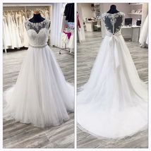 Scoop Neck A-line Long Tulle Wedding Dress Lace Appliques Women Bridla G... - $189.00