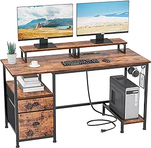 Computer Desk With Drawer And Power Outlets, 47&quot; Office Desk With 2 Moni... - £159.32 GBP